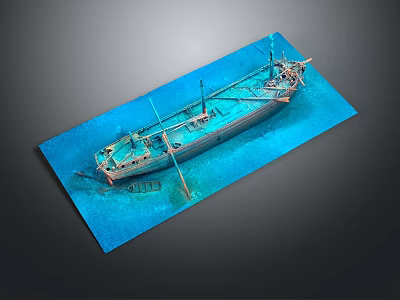 Vintage Ship Model as Water Transport Display on Blue Base with Masts and Deck Equipment 3d model