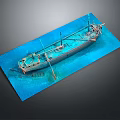 Vintage Ship Model as Water Transport Display on Blue Base with Masts and Deck Equipment