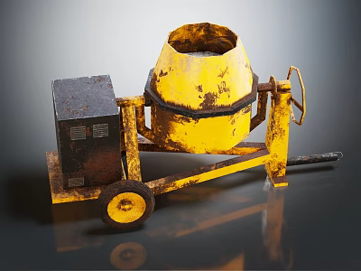 Old Yellow Concrete Mixer With Rusty Motor Wheels And Handle 3d model