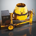 Old Yellow Concrete Mixer With Rusty Motor Wheels And Handle 3d model