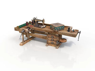 Rustic Wooden Workbench Furniture With Vice Tools Drawers And Small Stool 3d model