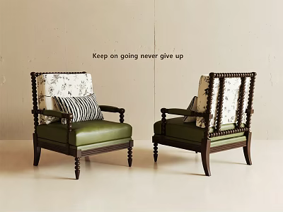 Stylish Leisure Armchairs with Green Cushions Patterned Backrests Dark Wooden Frames and Striped Pillows 3d model