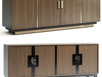 Modern Wooden Entryway Console Cabinet With Walnut Finish Metal Handles And Doors 3d model