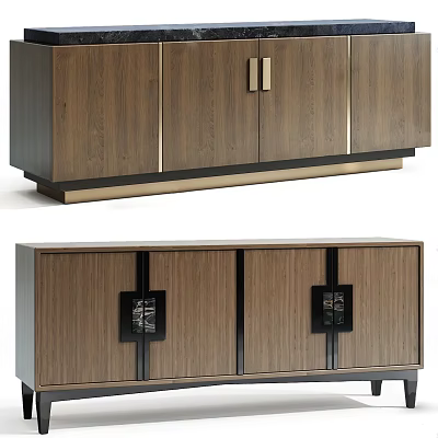 Modern Wooden Entryway Console Cabinet With Walnut Finish Metal Handles And Doors 3d model