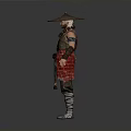 A Man Wearing Brown Traditional Clothing Conical Hat Red Accents Arm Wraps And Waist Pouch