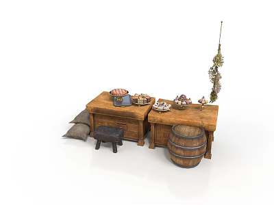 Rustic Wooden Table Setup With Barrel Stool Sack And Hanging Dried Plants 3d model
