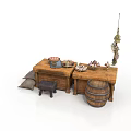 Rustic Wooden Table Setup With Barrel Stool Sack And Hanging Dried Plants