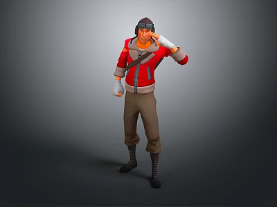 Game Movie Character In Red Coat Brown Pants With Helmet And Bandaged Hands Gesturing 3d model