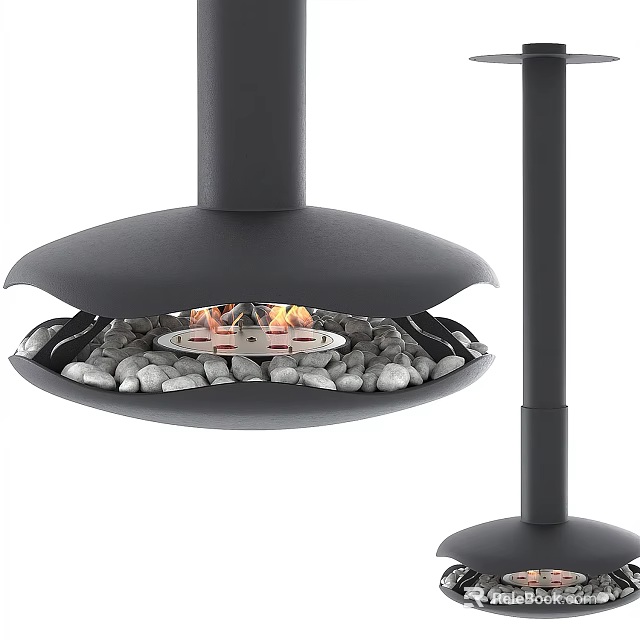 Modern Black Fireplace Design With Round Base Burning Flames And Pebbles 3d model
