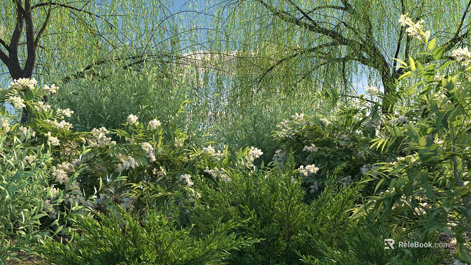 Lush Green Foliage With White Flowers Under Weeping Willow By Calm Lake And Blue Sky 3d model 