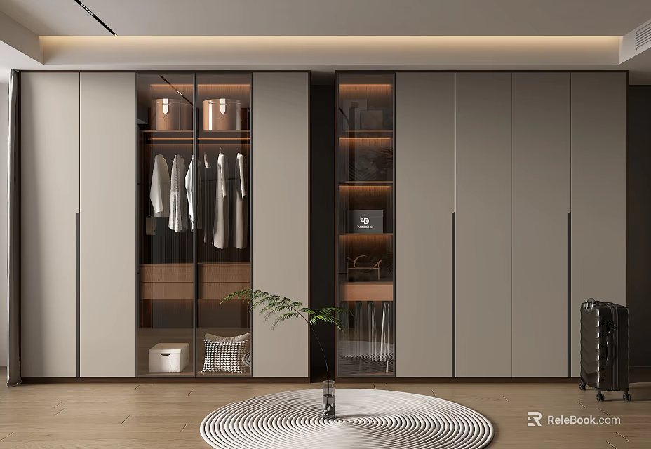 Elegant Modern Walk-in Closet Interior Design With Glass Doors Built-in Lighting And Decorative Plant 3d model 