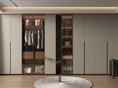 Elegant Modern Walk-in Closet Interior Design With Glass Doors Built-in Lighting And Decorative Plant 3d model