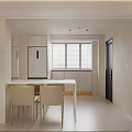 Minimalist Restaurant Interior With White Dining Table Beige Chairs White Refrigerator And Window Blinds
