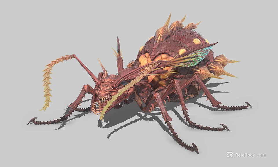 3D Insect Model with Spiky Red Brown Exoskeleton Long Antennae and Detailed Wing Structures 3d model 