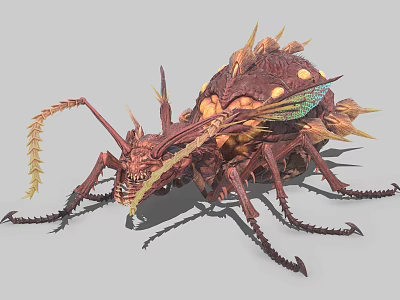 3D Insect Model with Spiky Red Brown Exoskeleton Long Antennae and Detailed Wing Structures 3d model