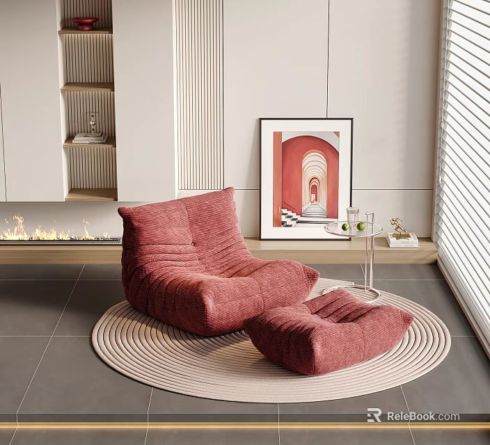 Red Single Sofa With Ottoman On Round Woven Rug Near Fireplace And Artwork 3d model 