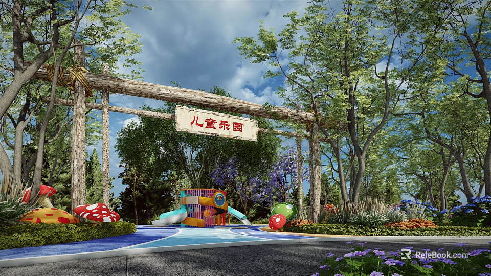 Children's Park Entrance Gate with Log Structure Surrounded by Trees and Colorful Decorations 3d model 