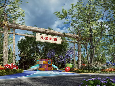 Children's Park Entrance Gate with Log Structure Surrounded by Trees and Colorful Decorations 3d model