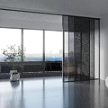 Glass Sliding Door in Modern Spacious Room with Large Windows City View and Green Plant