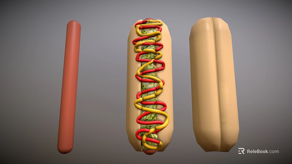 Sausage Hot Dog Bun With Ketchup Mustard And Plain Bun Displayed Together 3d model 