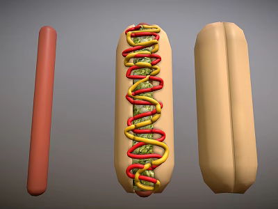Sausage Hot Dog Bun With Ketchup Mustard And Plain Bun Displayed Together 3d model