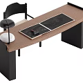 Modern Wooden Desk With Brown Top Black Legs Desk Lamp Open Notebook And Chair