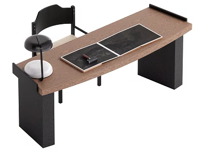 Modern Wooden Desk With Brown Top Black Legs Desk Lamp Open Notebook And Chair 3d model