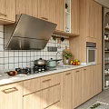 Modern Kitchen Interior With Light Wooden Cabinets Range Hood Tile Backsplash And Stove