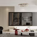 Modern Living And Dining Room Interior With Sofa Coffee Table Chandelier And Rug