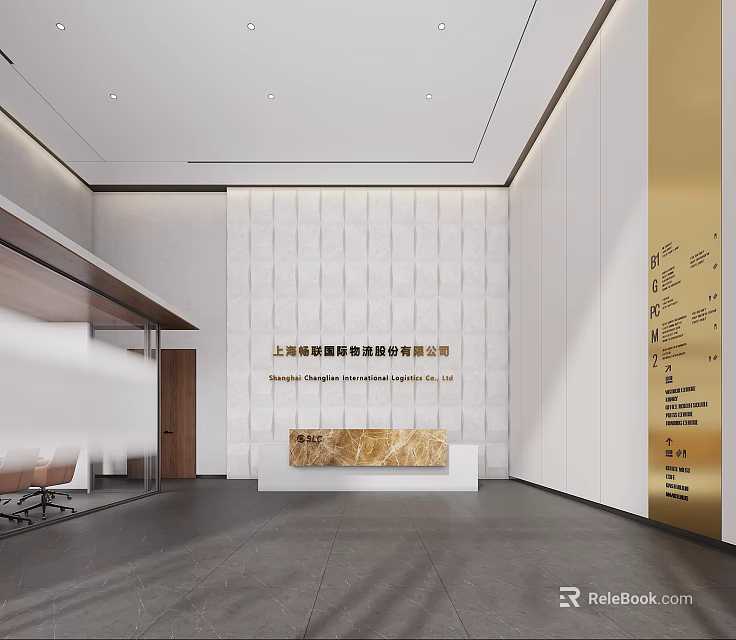 Modern Office Reception Desk With Marble Countertop Gold Lettering And Textured White Wall 3d model 