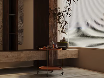 Modern Side Table With Metal Frame Wooden Top Wheels And Green Plant By Window 3d model