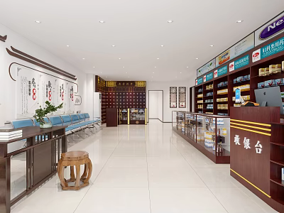 Traditional Medicine Store Interior With Herbal Cabinets And Consultation Area 3d model