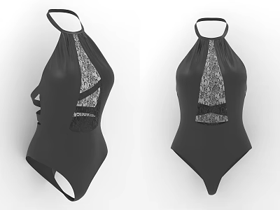 Black One Piece Swimsuit with Open Back and Intricate Lace Design Details 3d model