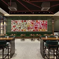 Modern Café Interior Design With Green Chairs Wooden Walls And Round Tables