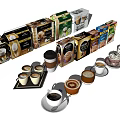 Assorted Coffee Beverages With Latte Cappuccino Different Flavors Packaged Products And Cups