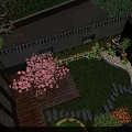Traditional Garden Landscape With Green Grass Wooden Deck Stone Path And Red Flowering Trees
