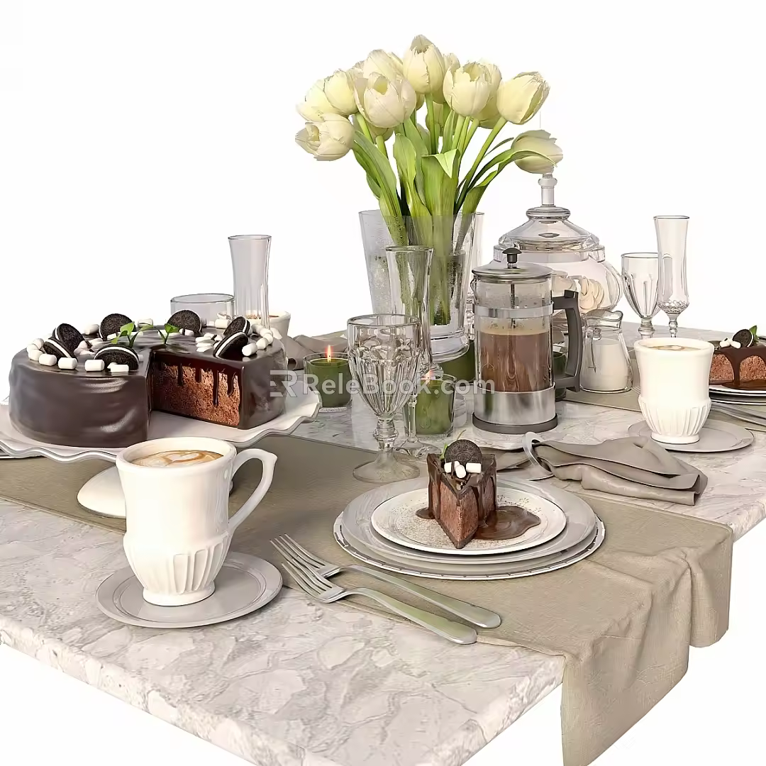 Vintage Tableware Combination Table Cake Cheese Cake Tulip Marshmallow 3d model