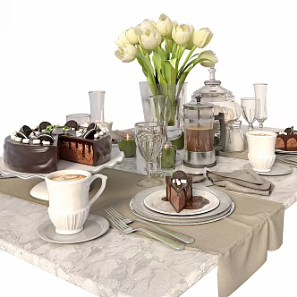 Vintage Tableware Combination Table Cake Cheese Cake Tulip Marshmallow 3d model