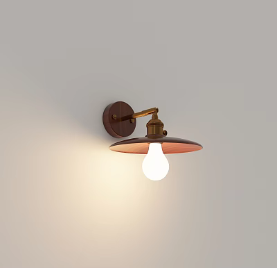 Wall Lamp With Brass Arm Wooden Base Round Shade And Lit Bulb Emitting Soft Light 3d model