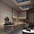 Elegant Modern Hotel Lobby Interior With Skylight Ceiling Circular Water Feature Rockery And Greenery