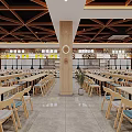 Open Restaurant Interior With Geometric Wooden Ceiling Wooden Tables Blue Cushioned Chairs Bright Lighting