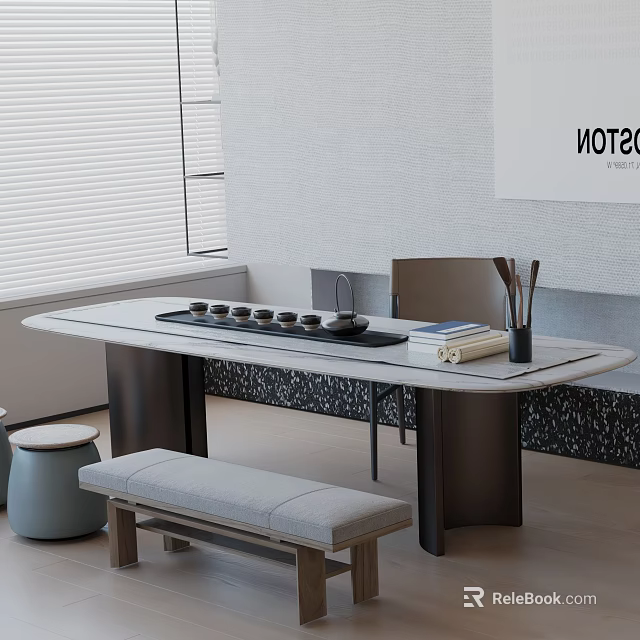 Modern Tea Room Interior Design With Long Table Tea Set Bench And Window Blinds 3d model