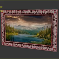 Ornate Framed Landscape Painting With Lake Forest Mountain And Sunset Sky