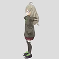 Woman with Long Hair in Gray Jacket Red Plaid Skirt Black Stockings and Arms Outstretched