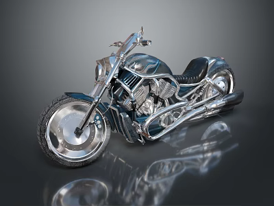 Sleek Chrome Modern Motorcycle With Muscular Body And Engine Details On Reflective Surface 3d model
