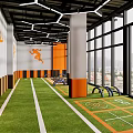 Modern Fitness Gym Interior With Large Windows City Skyline View Green Turf And Exercise Equipment