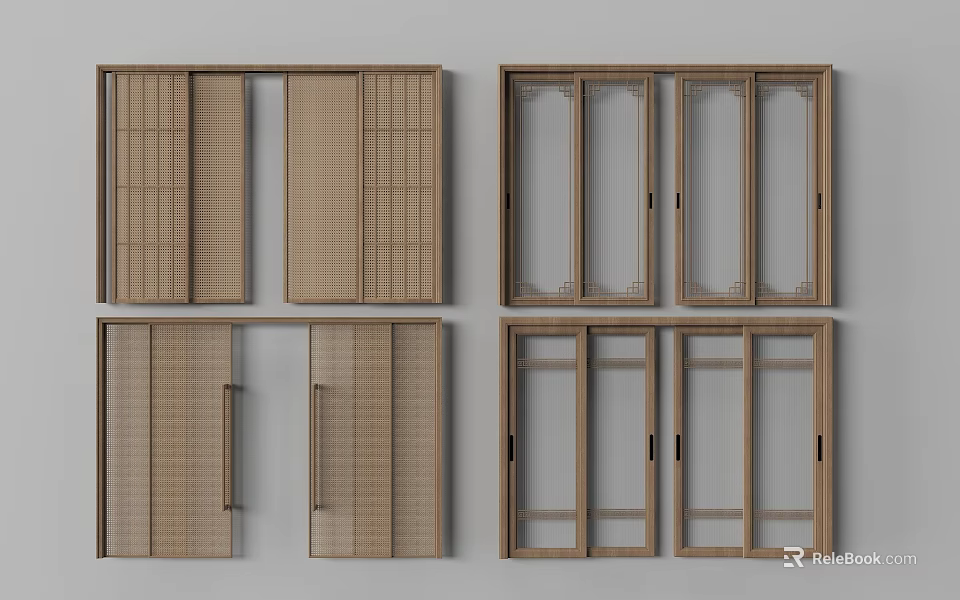 Wooden Double Doors with Lattice Panels and Glass Inserts in Stylish Designs for Home Interiors 3d model 