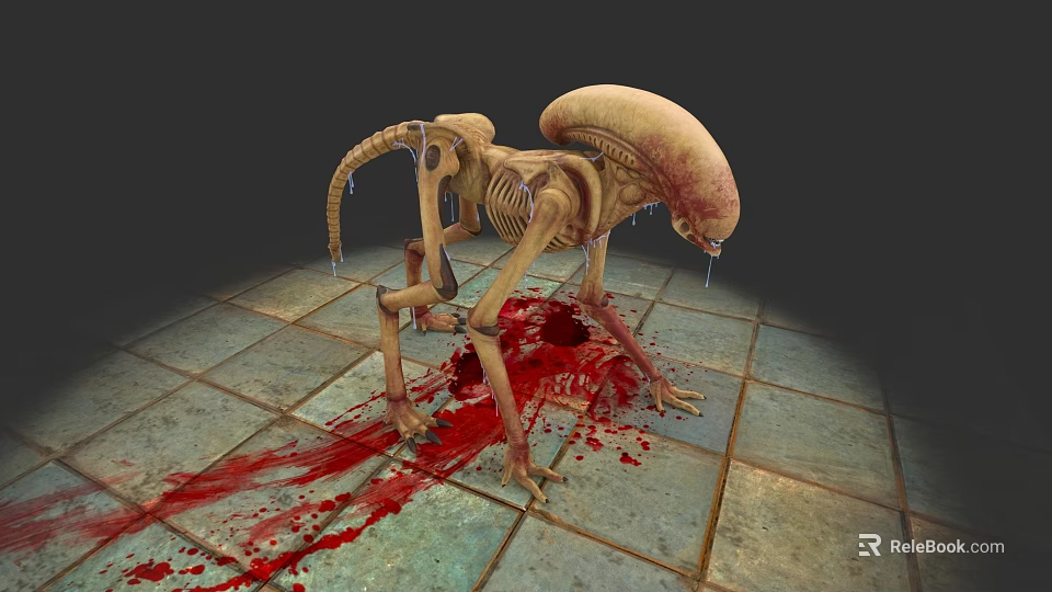Gory Alien Skeleton With Long Limbs And Blood On Tile Floor 3d model 
