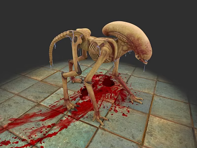 Gory Alien Skeleton With Long Limbs And Blood On Tile Floor 3d model