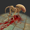 Gory Alien Skeleton With Long Limbs And Blood On Tile Floor